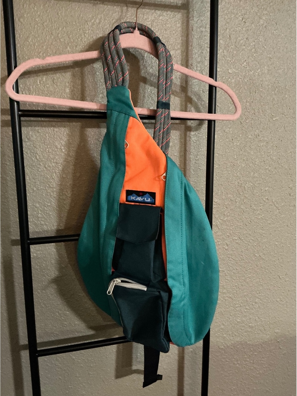 KAVU Rope Sling Bag in Teal and Orange with Multiple Pockets